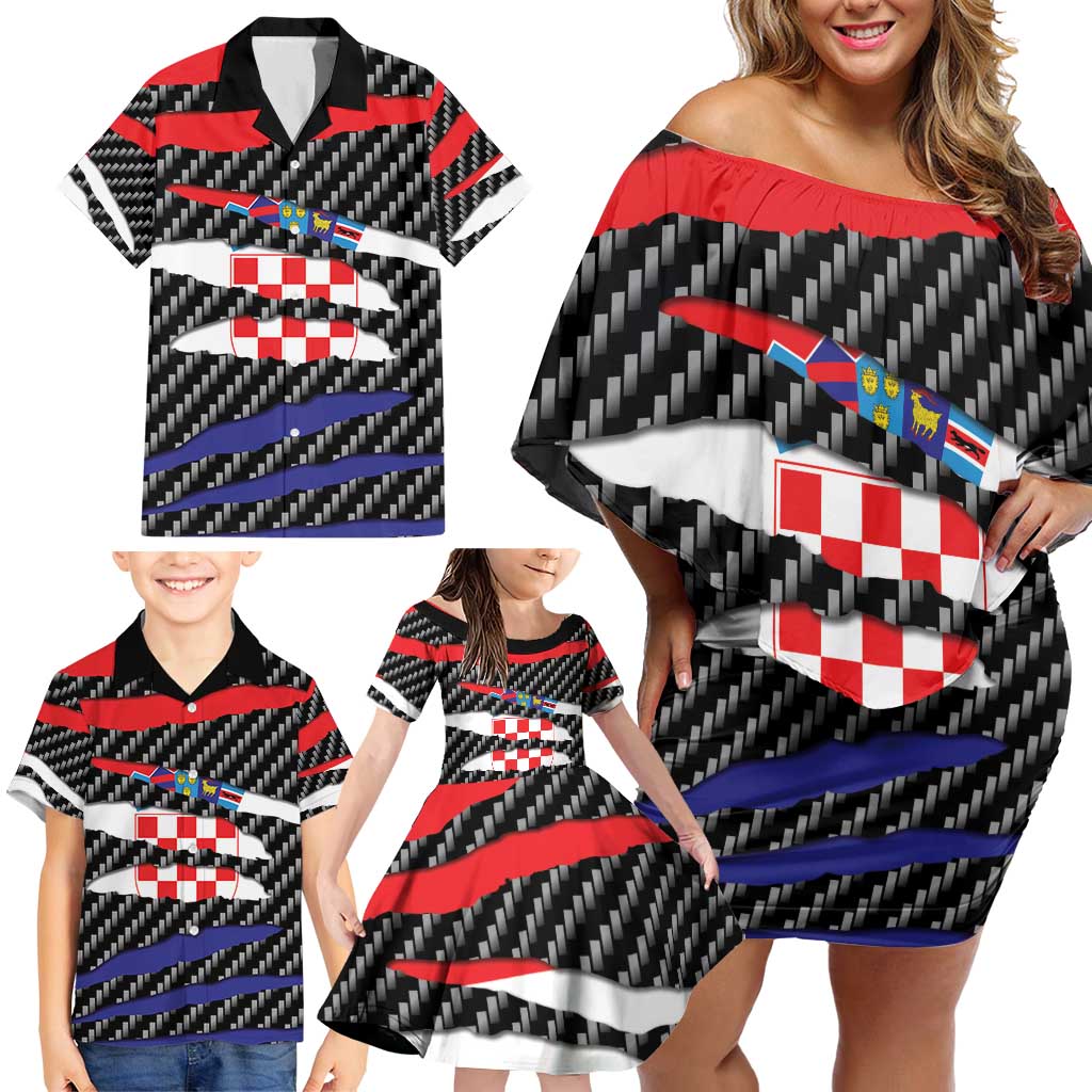 Croatia Beast Family Matching Off Shoulder Short Dress and Hawaiian Shirt Ripped Flag Graphic - Wonder Print Shop