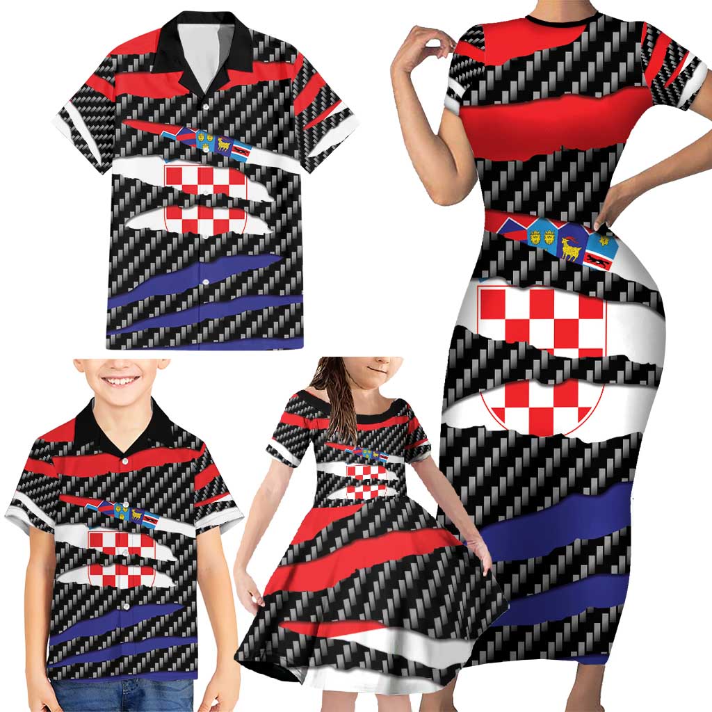 Croatia Beast Family Matching Short Sleeve Bodycon Dress and Hawaiian Shirt Ripped Flag Graphic - Wonder Print Shop