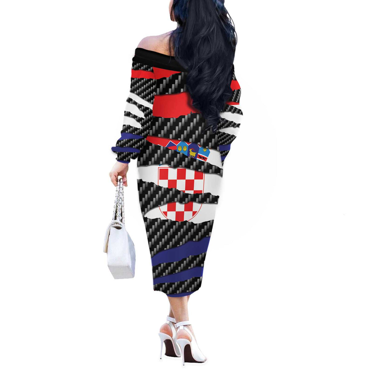 Croatia Beast Off The Shoulder Long Sleeve Dress Ripped Flag Graphic - Wonder Print Shop