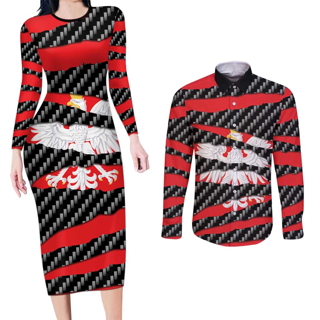 Poland Beast Couples Matching Long Sleeve Bodycon Dress and Long Sleeve Button Shirt Ripped Flag Graphic - Wonder Print Shop