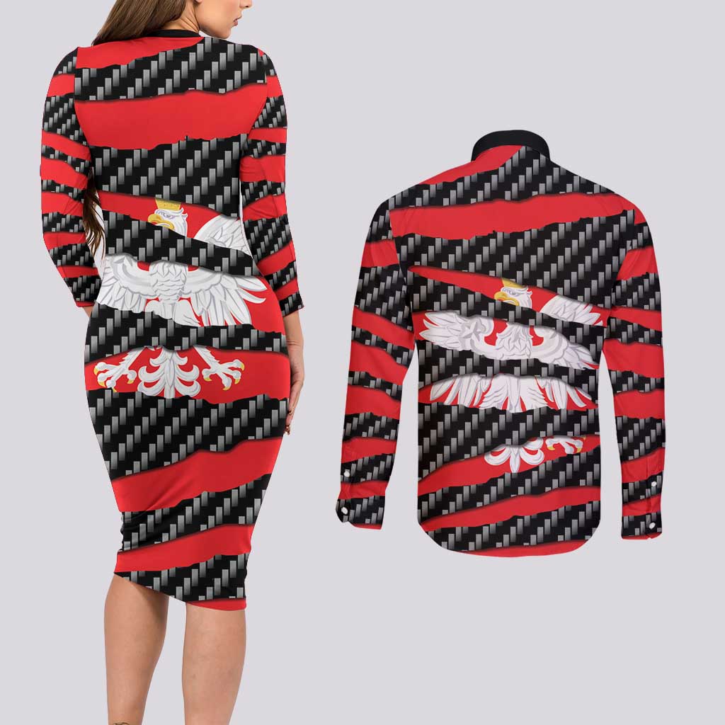 Poland Beast Couples Matching Long Sleeve Bodycon Dress and Long Sleeve Button Shirt Ripped Flag Graphic - Wonder Print Shop