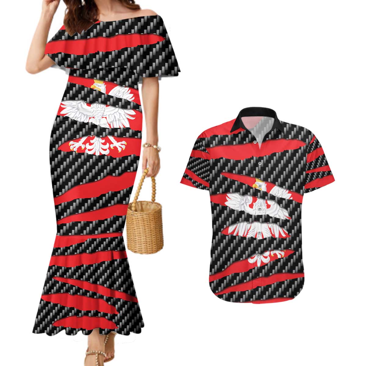 Poland Beast Couples Matching Mermaid Dress and Hawaiian Shirt Ripped Flag Graphic - Wonder Print Shop
