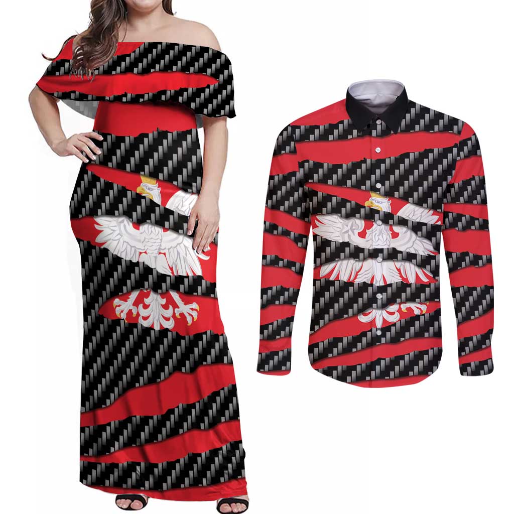 Poland Beast Couples Matching Off Shoulder Maxi Dress and Long Sleeve Button Shirt Ripped Flag Graphic - Wonder Print Shop