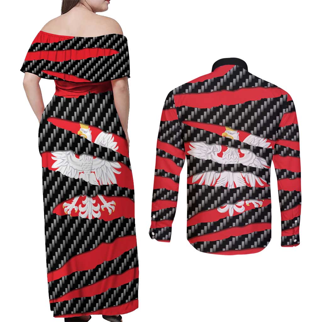 Poland Beast Couples Matching Off Shoulder Maxi Dress and Long Sleeve Button Shirt Ripped Flag Graphic - Wonder Print Shop