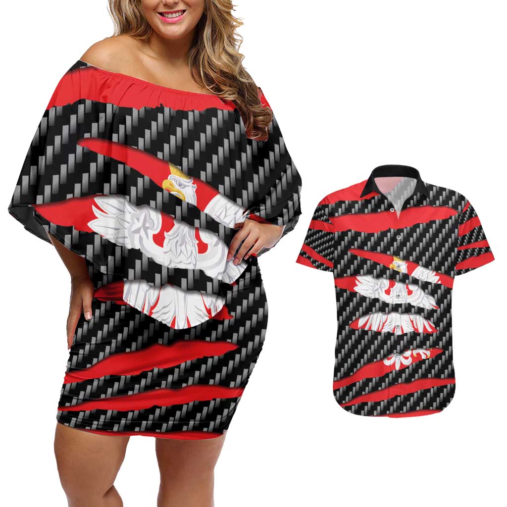 Poland Beast Couples Matching Off Shoulder Short Dress and Hawaiian Shirt Ripped Flag Graphic - Wonder Print Shop