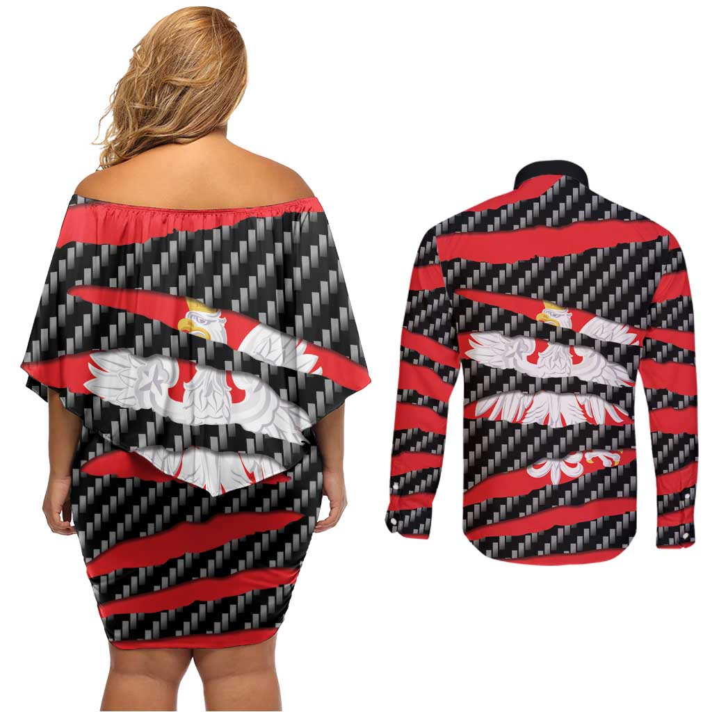 Poland Beast Couples Matching Off Shoulder Short Dress and Long Sleeve Button Shirt Ripped Flag Graphic - Wonder Print Shop