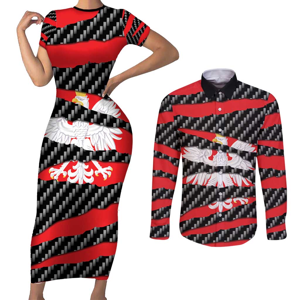 Poland Beast Couples Matching Short Sleeve Bodycon Dress and Long Sleeve Button Shirt Ripped Flag Graphic - Wonder Print Shop