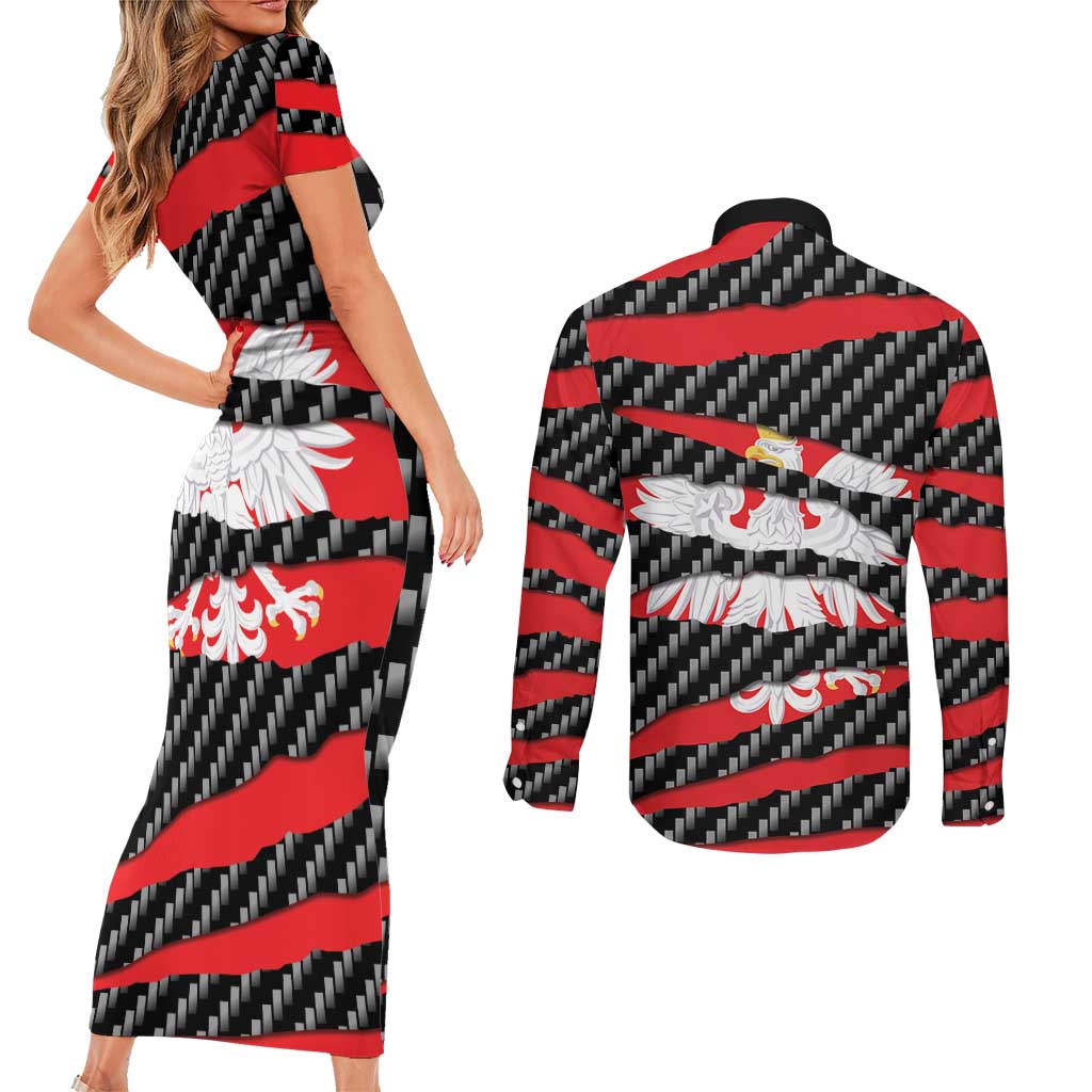 Poland Beast Couples Matching Short Sleeve Bodycon Dress and Long Sleeve Button Shirt Ripped Flag Graphic - Wonder Print Shop