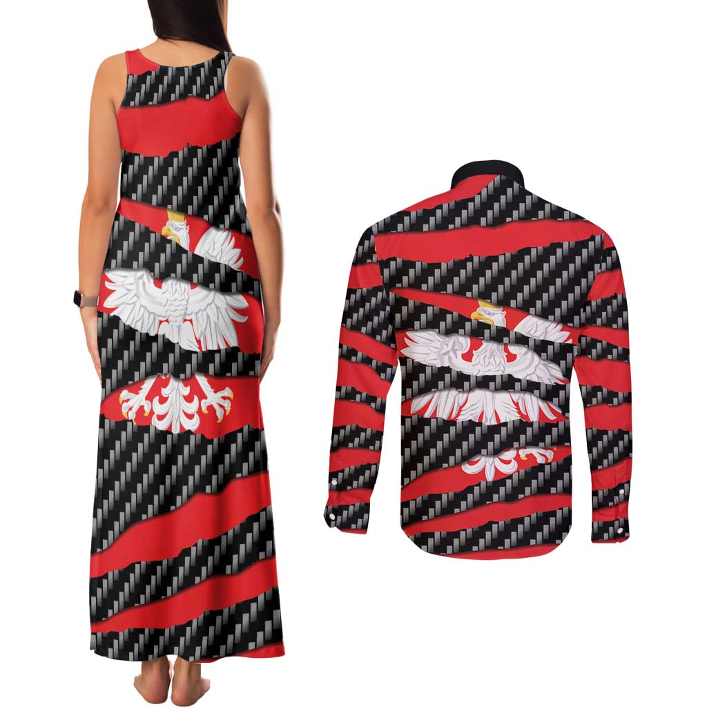 Poland Beast Couples Matching Tank Maxi Dress and Long Sleeve Button Shirt Ripped Flag Graphic - Wonder Print Shop