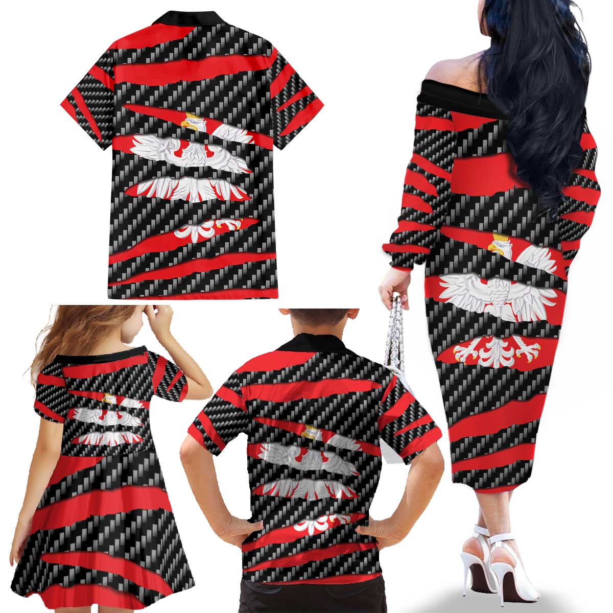 Poland Beast Family Matching Off The Shoulder Long Sleeve Dress and Hawaiian Shirt Ripped Flag Graphic - Wonder Print Shop