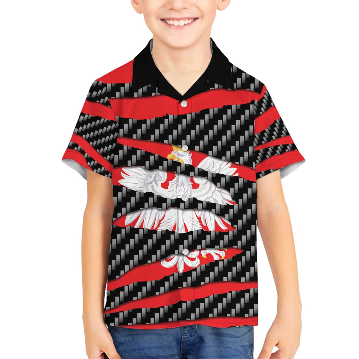 Poland Beast Family Matching Off The Shoulder Long Sleeve Dress and Hawaiian Shirt Ripped Flag Graphic - Wonder Print Shop