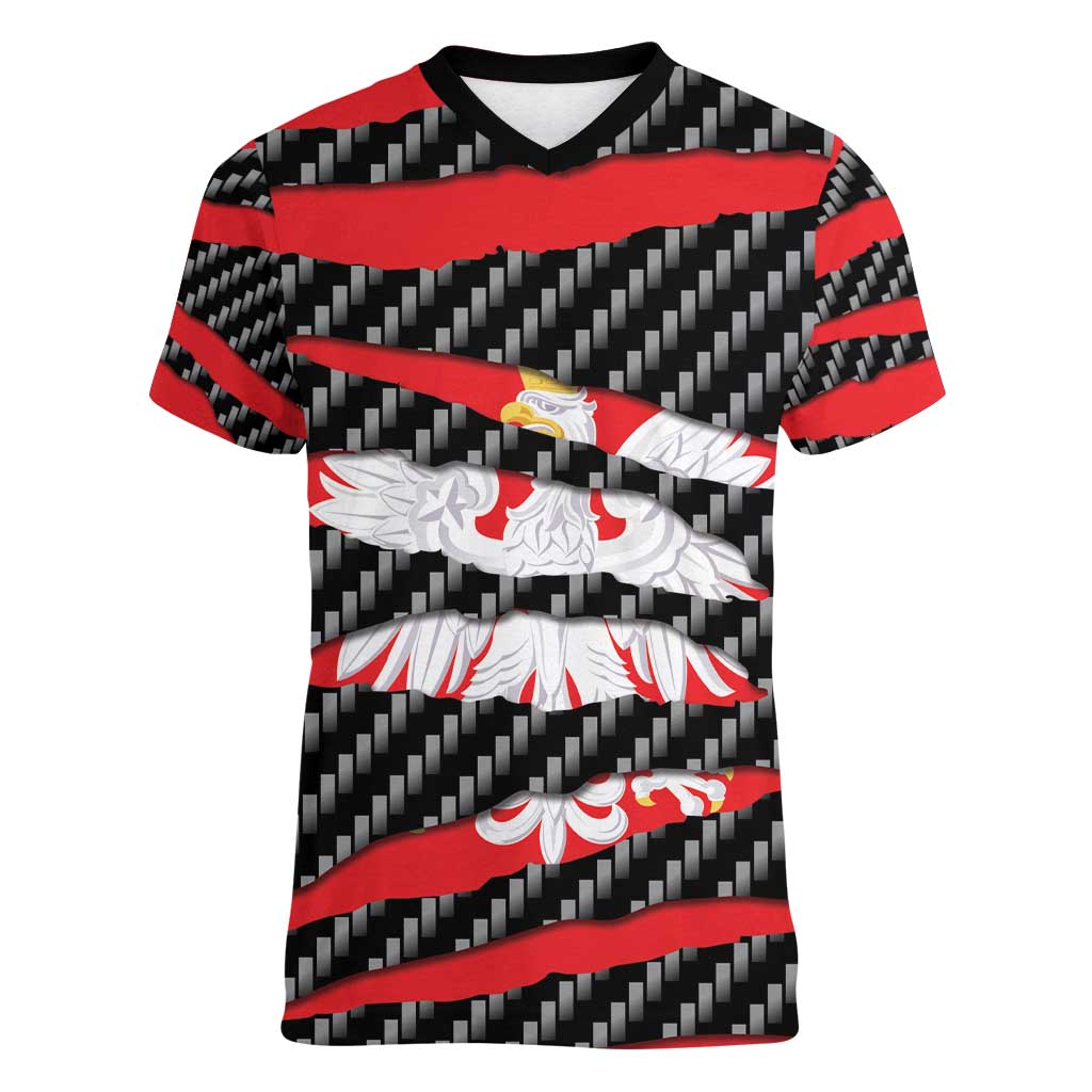 Poland Beast Women V-Neck T-Shirt Ripped Flag Graphic - Wonder Print Shop