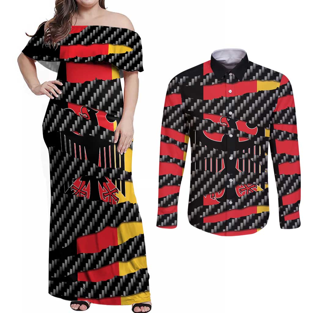 Germany Beast Couples Matching Off Shoulder Maxi Dress and Long Sleeve Button Shirt Ripped Flag Graphic - Wonder Print Shop