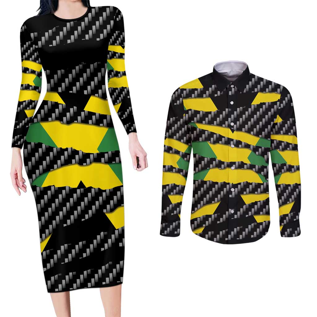 Jamaica Beast Couples Matching Long Sleeve Bodycon Dress and Long Sleeve Button Shirt Ripped Flag Graphic - Wonder Print Shop