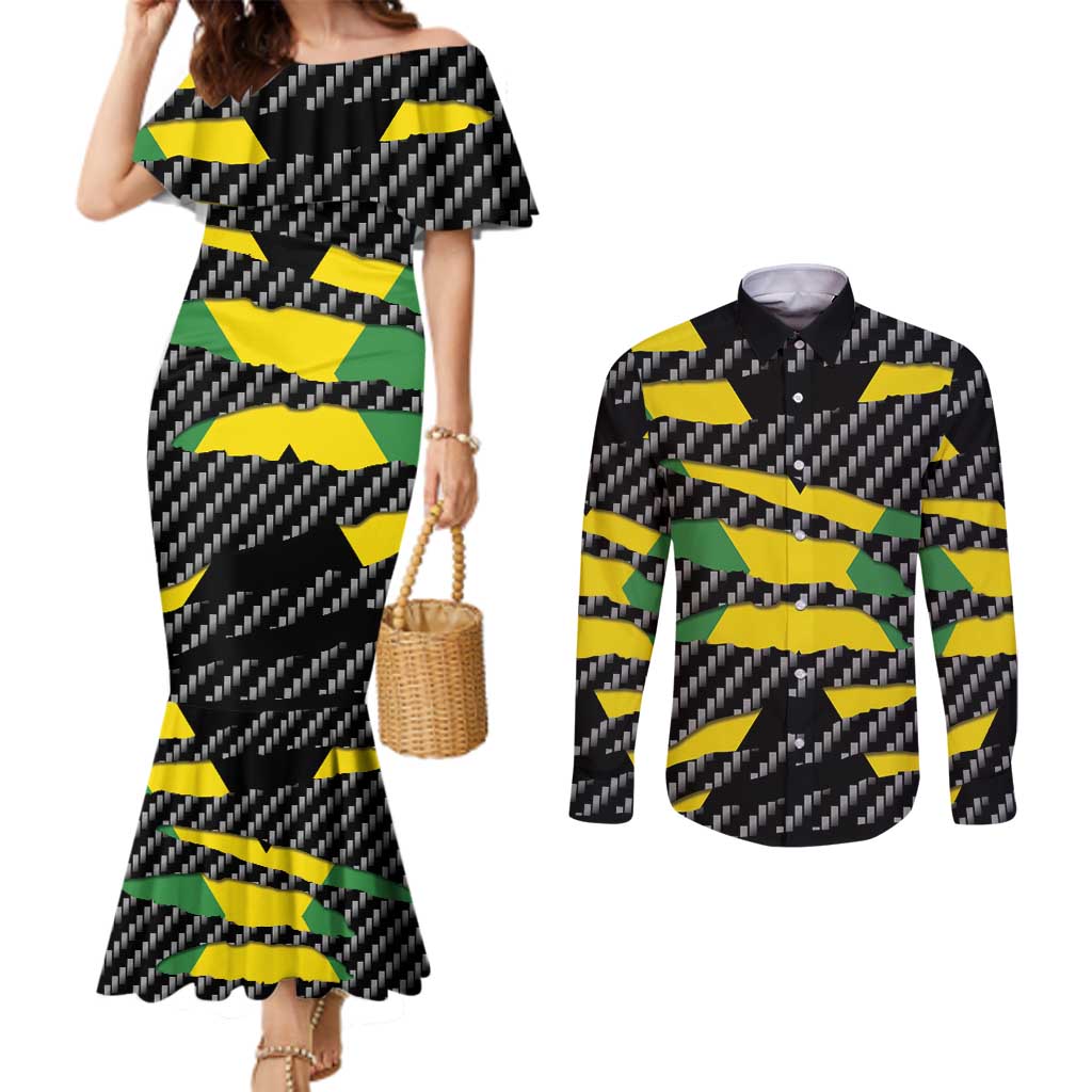 Jamaica Beast Couples Matching Mermaid Dress and Long Sleeve Button Shirt Ripped Flag Graphic - Wonder Print Shop