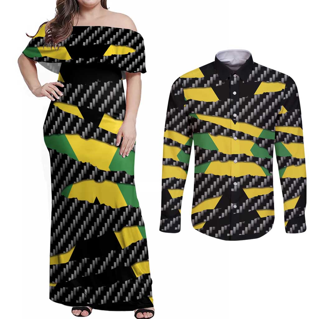 Jamaica Beast Couples Matching Off Shoulder Maxi Dress and Long Sleeve Button Shirt Ripped Flag Graphic - Wonder Print Shop