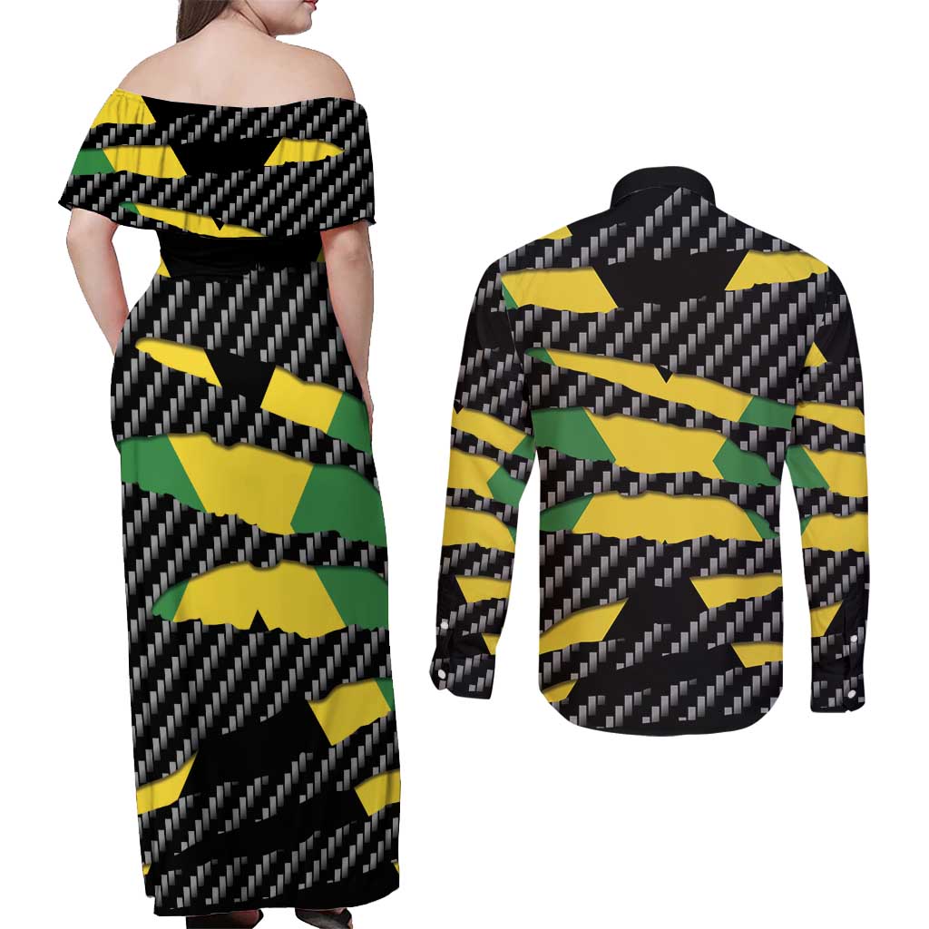 Jamaica Beast Couples Matching Off Shoulder Maxi Dress and Long Sleeve Button Shirt Ripped Flag Graphic - Wonder Print Shop