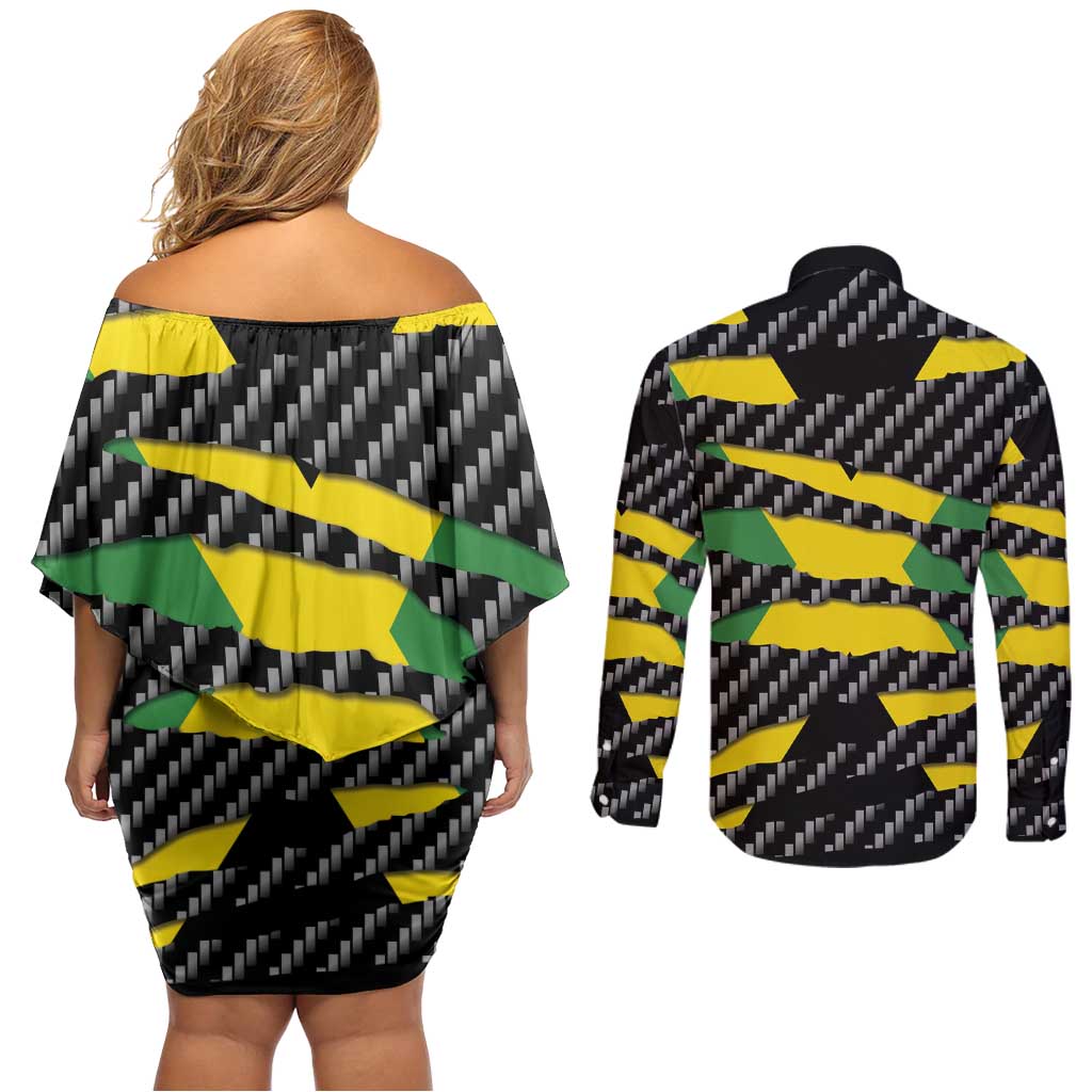 Jamaica Beast Couples Matching Off Shoulder Short Dress and Long Sleeve Button Shirt Ripped Flag Graphic - Wonder Print Shop