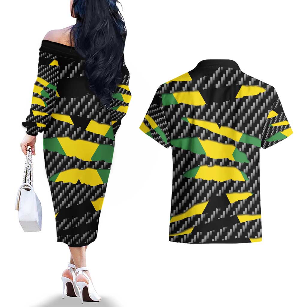Jamaica Beast Couples Matching Off The Shoulder Long Sleeve Dress and Hawaiian Shirt Ripped Flag Graphic - Wonder Print Shop
