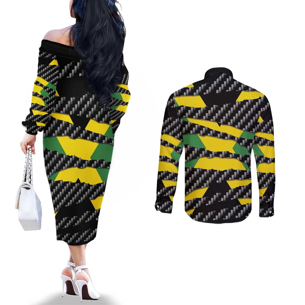Jamaica Beast Couples Matching Off The Shoulder Long Sleeve Dress and Long Sleeve Button Shirt Ripped Flag Graphic - Wonder Print Shop