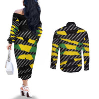 Jamaica Beast Couples Matching Off The Shoulder Long Sleeve Dress and Long Sleeve Button Shirt Ripped Flag Graphic - Wonder Print Shop