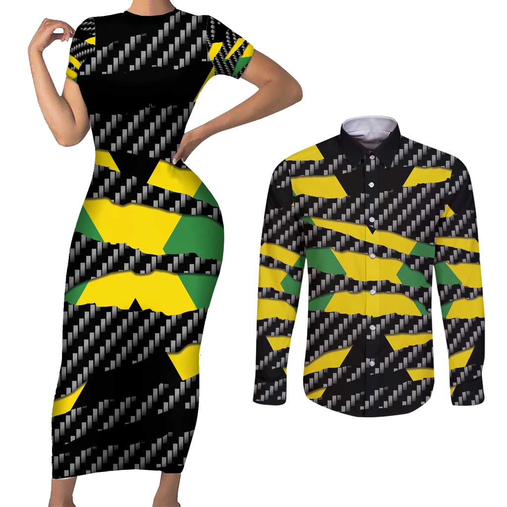 Jamaica Beast Couples Matching Short Sleeve Bodycon Dress and Long Sleeve Button Shirt Ripped Flag Graphic - Wonder Print Shop