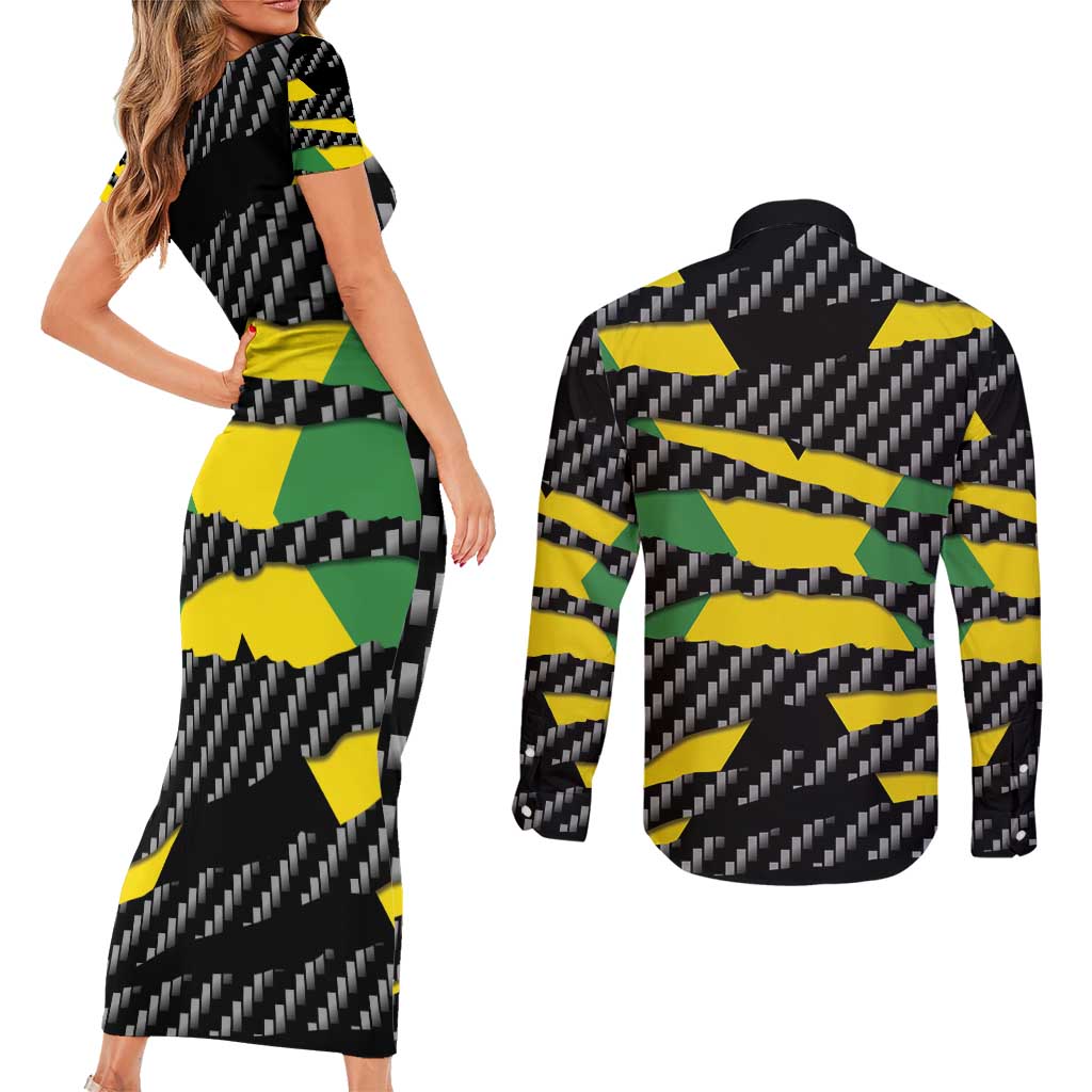 Jamaica Beast Couples Matching Short Sleeve Bodycon Dress and Long Sleeve Button Shirt Ripped Flag Graphic - Wonder Print Shop
