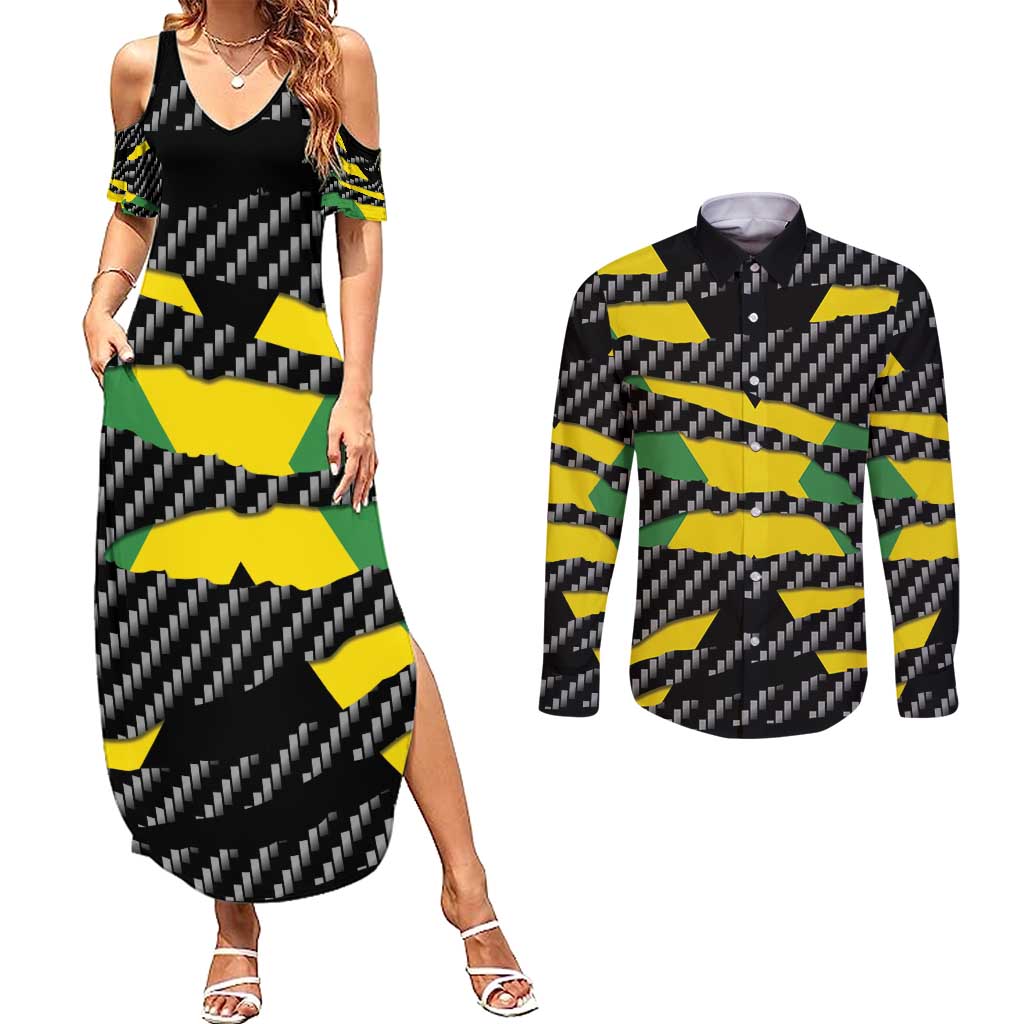 Jamaica Beast Couples Matching Summer Maxi Dress and Long Sleeve Button Shirt Ripped Flag Graphic - Wonder Print Shop