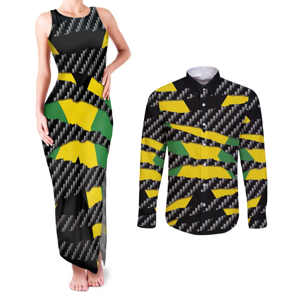 Jamaica Beast Couples Matching Tank Maxi Dress and Long Sleeve Button Shirt Ripped Flag Graphic - Wonder Print Shop