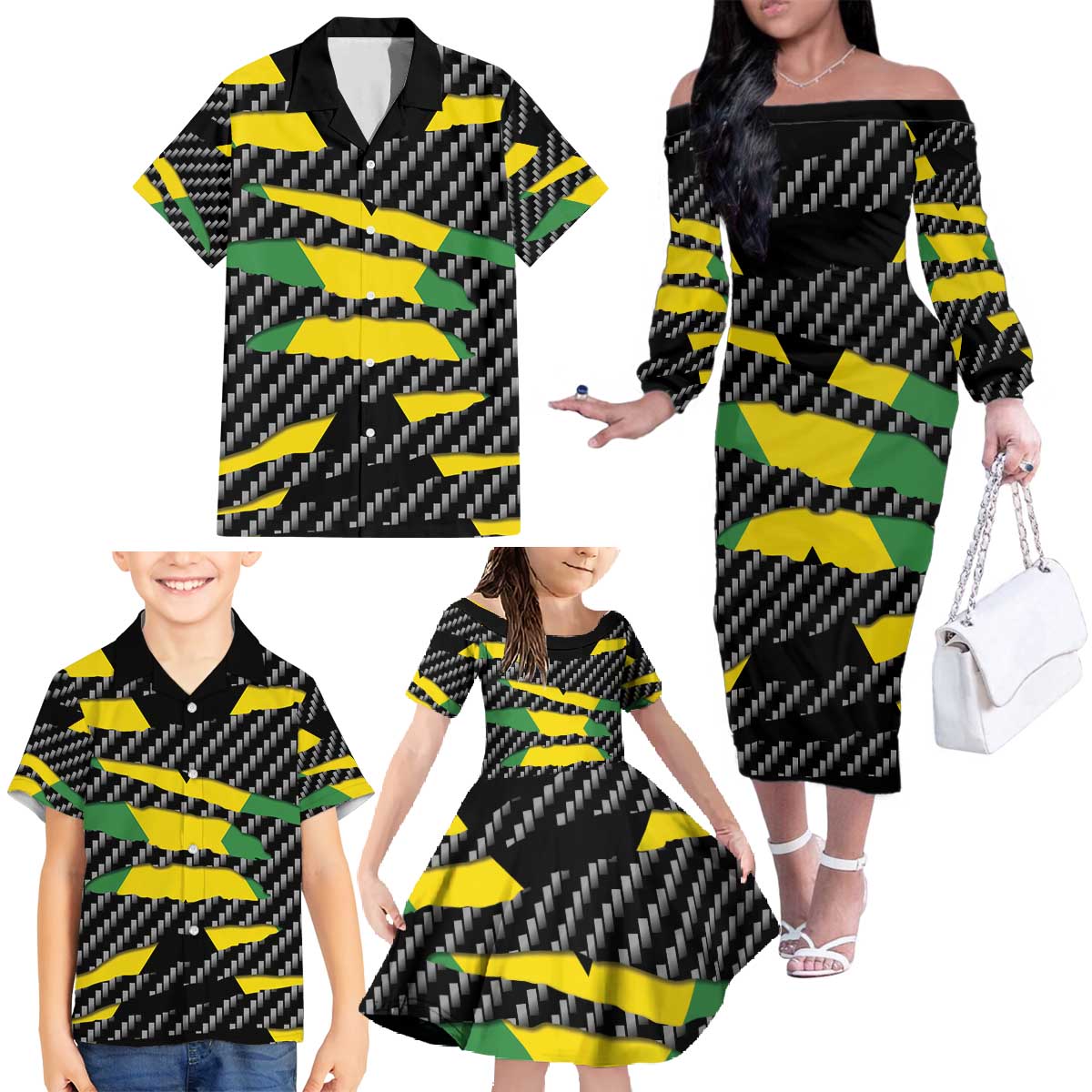 Jamaica Beast Family Matching Off The Shoulder Long Sleeve Dress and Hawaiian Shirt Ripped Flag Graphic - Wonder Print Shop
