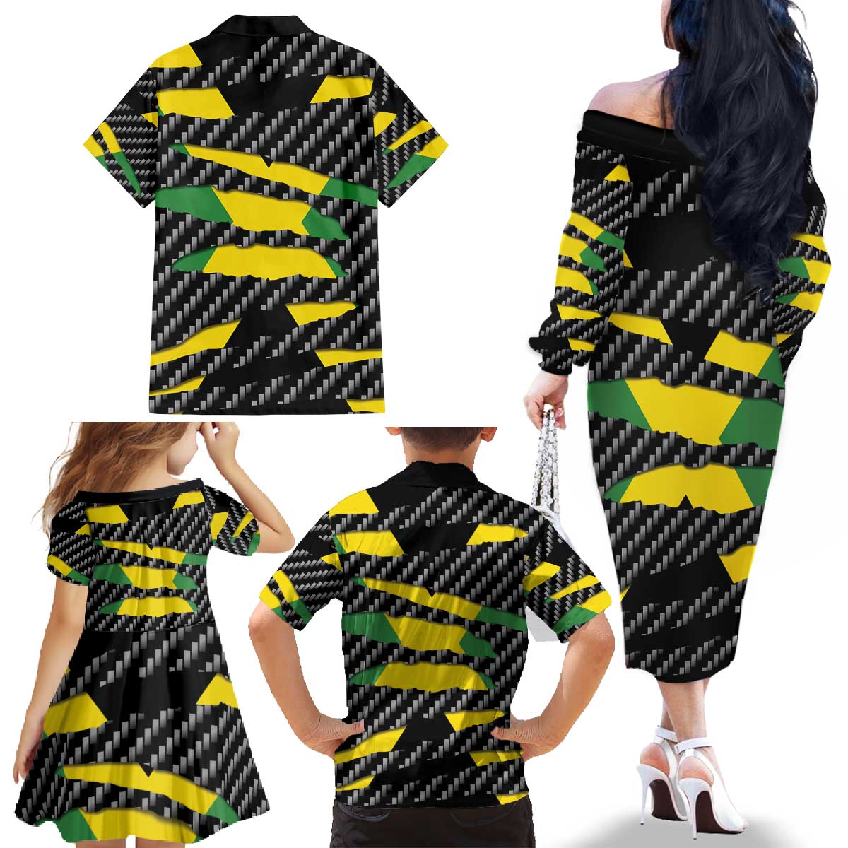 Jamaica Beast Family Matching Off The Shoulder Long Sleeve Dress and Hawaiian Shirt Ripped Flag Graphic - Wonder Print Shop