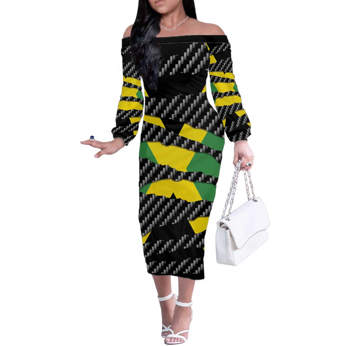 Jamaica Beast Family Matching Off The Shoulder Long Sleeve Dress and Hawaiian Shirt Ripped Flag Graphic - Wonder Print Shop