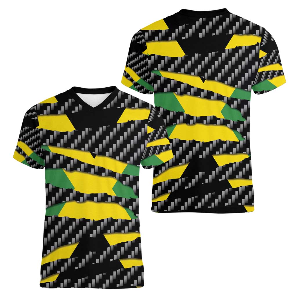 Jamaica Beast Women V-Neck T-Shirt Ripped Flag Graphic - Wonder Print Shop