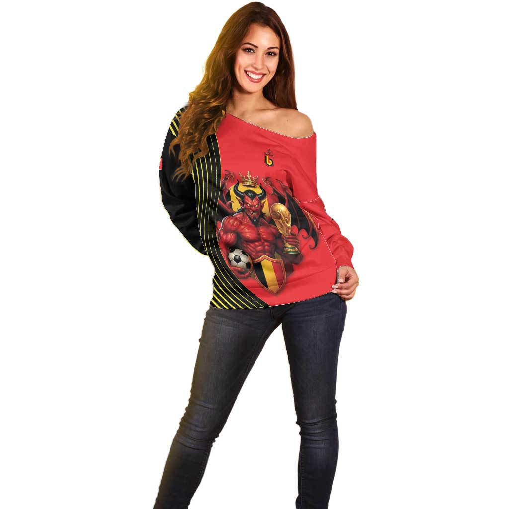 Custom World Football 2026 Belgium Off Shoulder Sweater Red Devils Go Champions - Wonder Print Shop