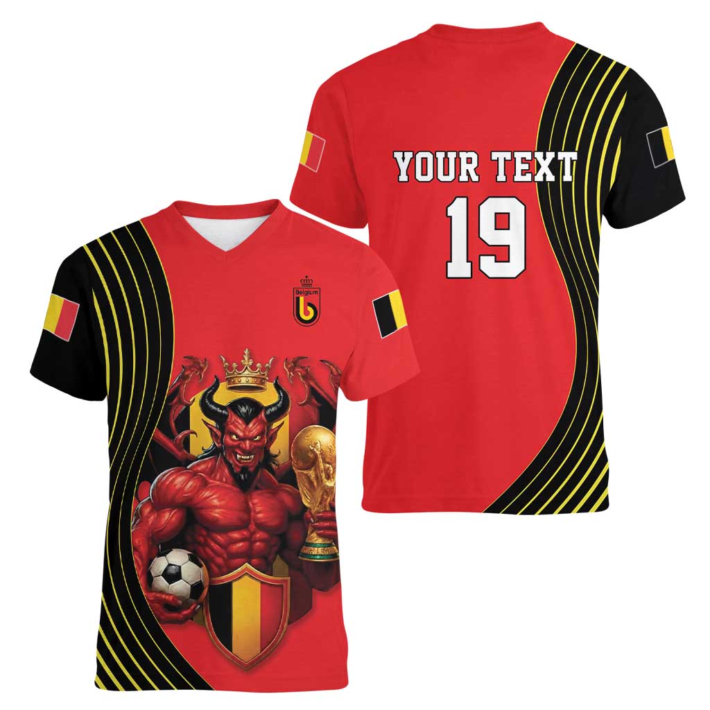 Custom World Football 2026 Belgium Women V-Neck T-Shirt Red Devils Go Champions - Wonder Print Shop