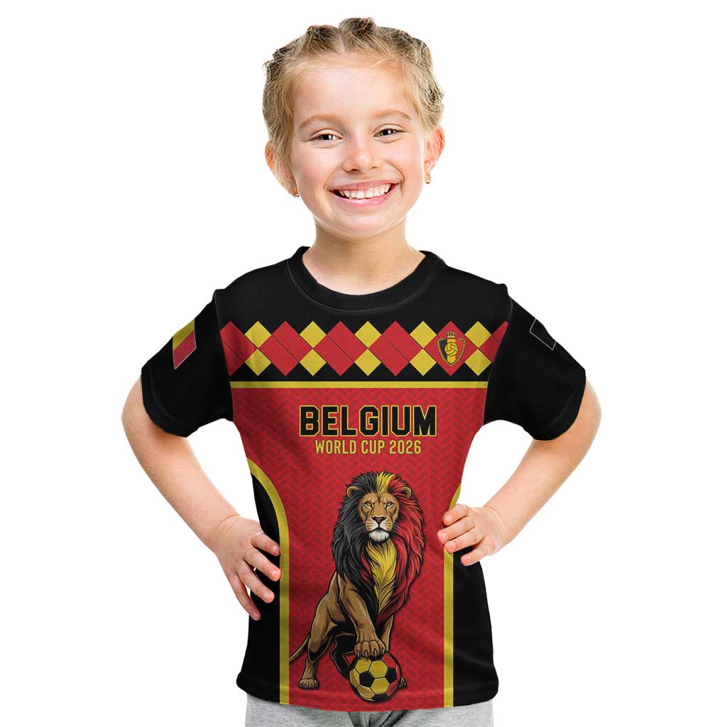 Custom World Football 2026 Belgium Kid T Shirt Belgian Lion Go Champions - Wonder Print Shop