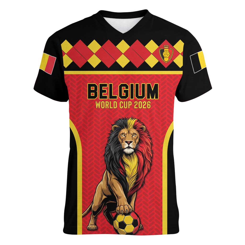 Custom World Football 2026 Belgium Women V-Neck T-Shirt Belgian Lion Go Champions - Wonder Print Shop