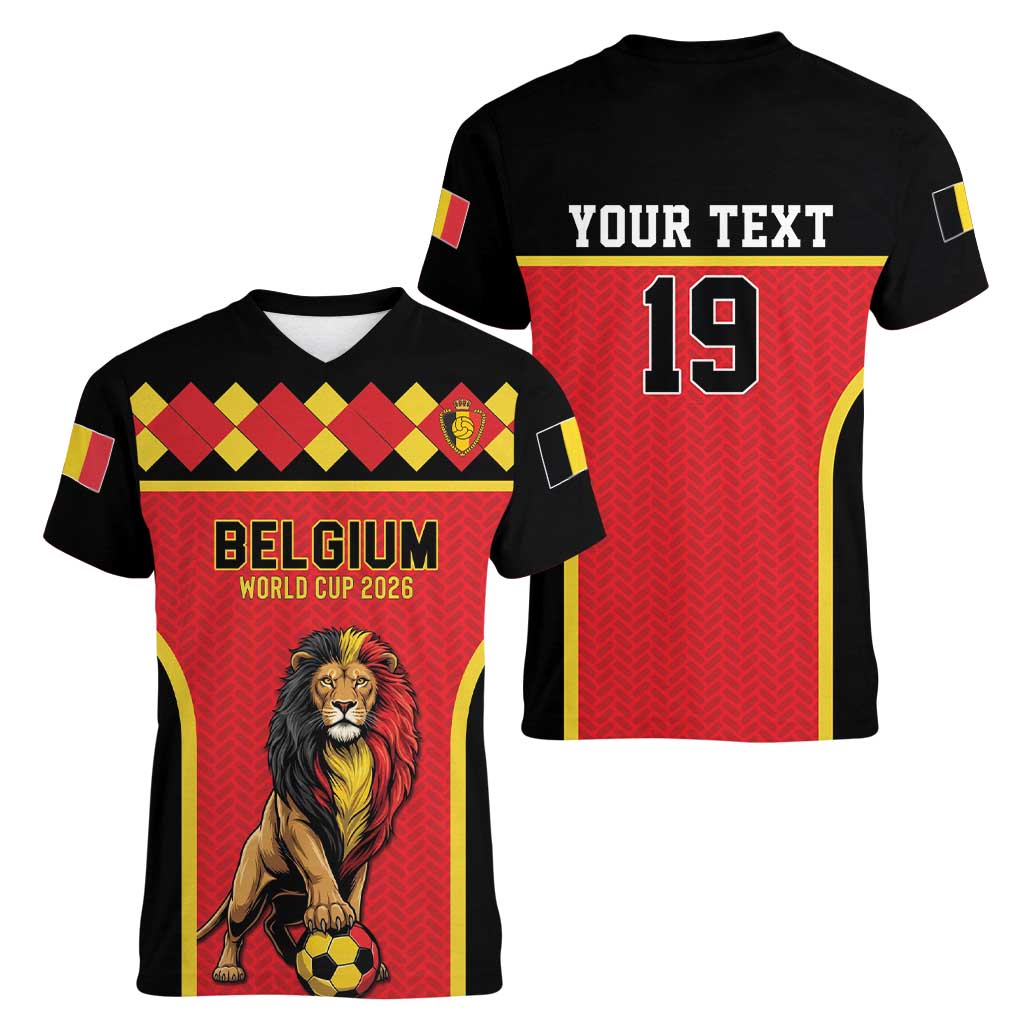 Custom World Football 2026 Belgium Women V-Neck T-Shirt Belgian Lion Go Champions - Wonder Print Shop