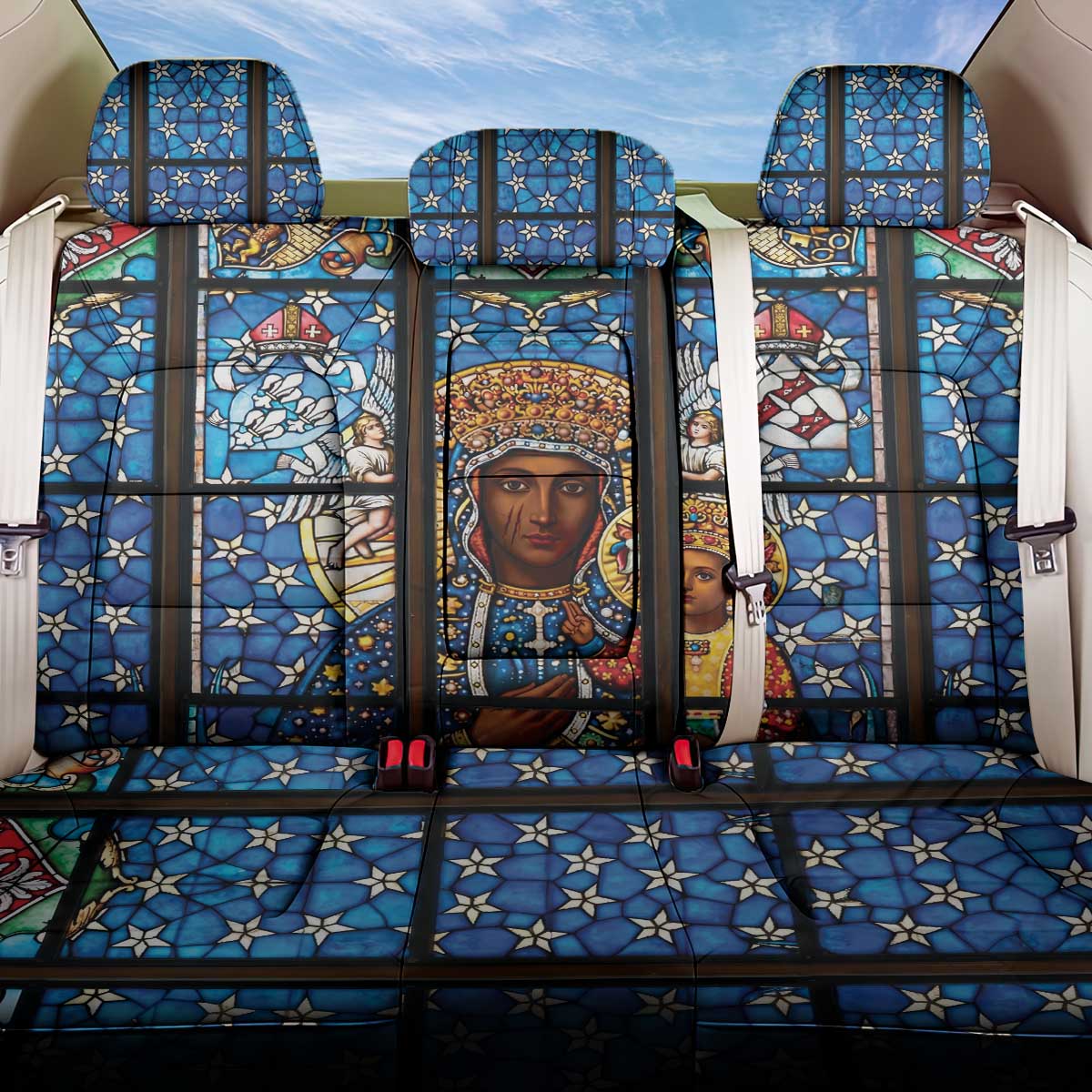 Polish Black Madonna of Czestochowa Back Car Seat Cover Our Lady of Poland Stained Glass