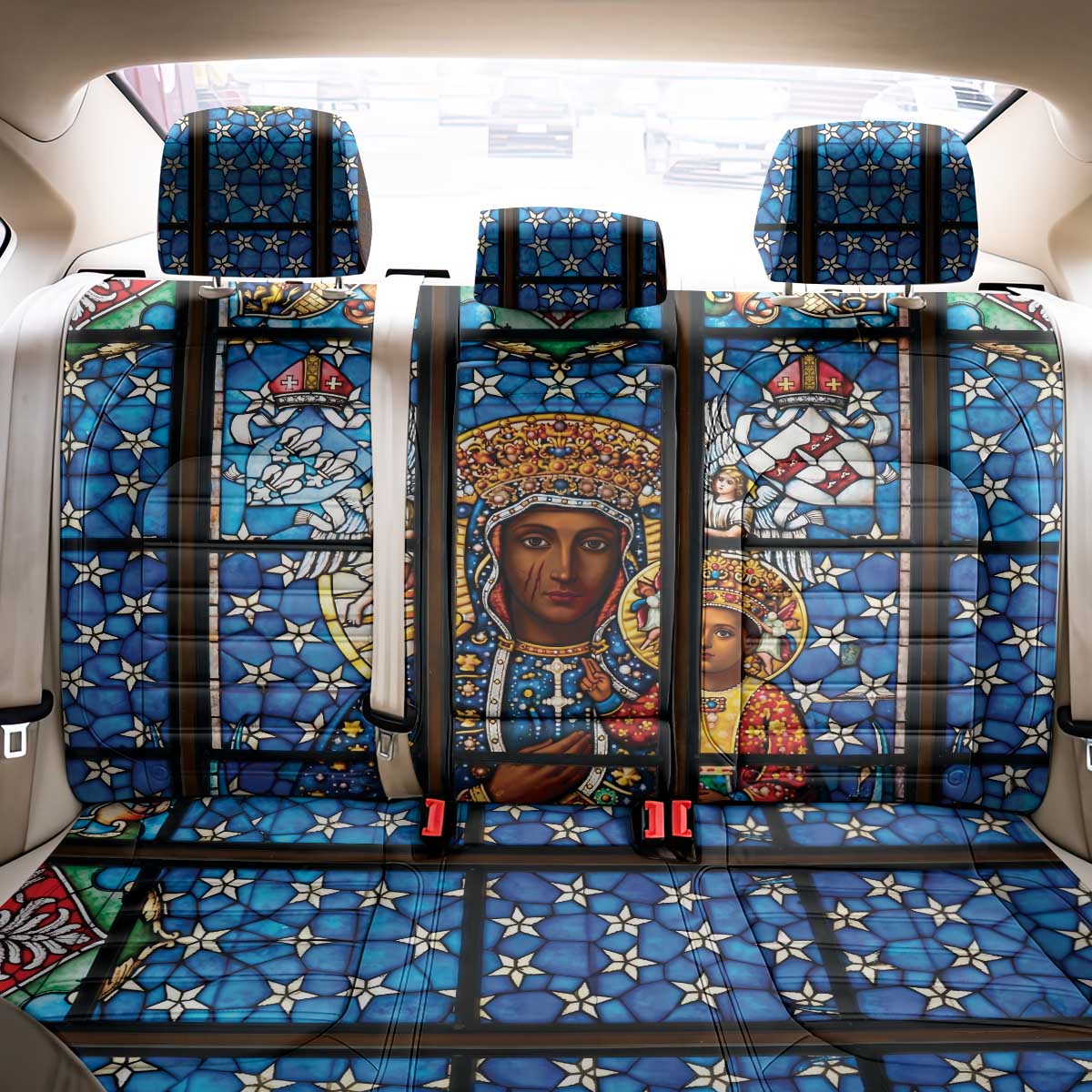 Polish Black Madonna of Czestochowa Back Car Seat Cover Our Lady of Poland Stained Glass