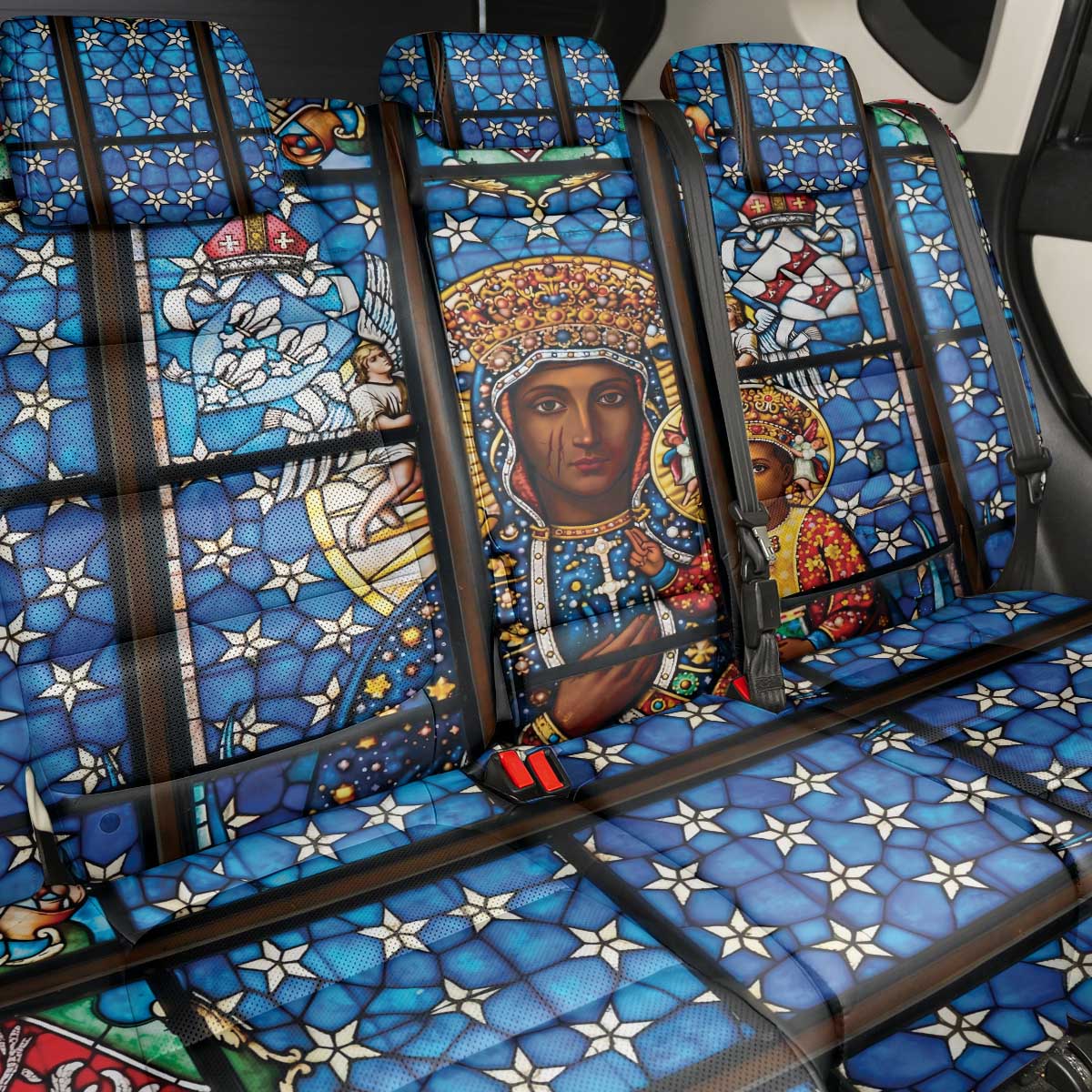 Polish Black Madonna of Czestochowa Back Car Seat Cover Our Lady of Poland Stained Glass