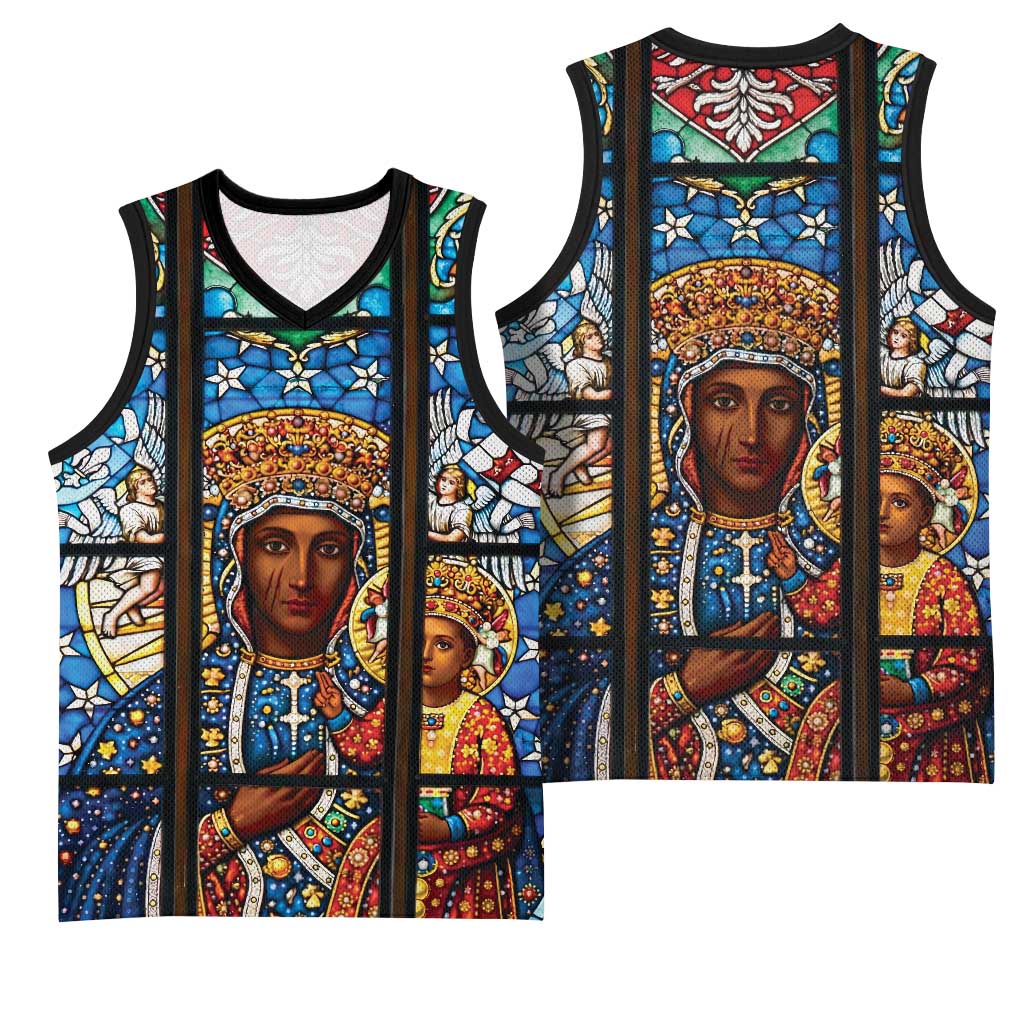 Polish Black Madonna of Czestochowa Basketball Jersey Our Lady of Poland Stained Glass