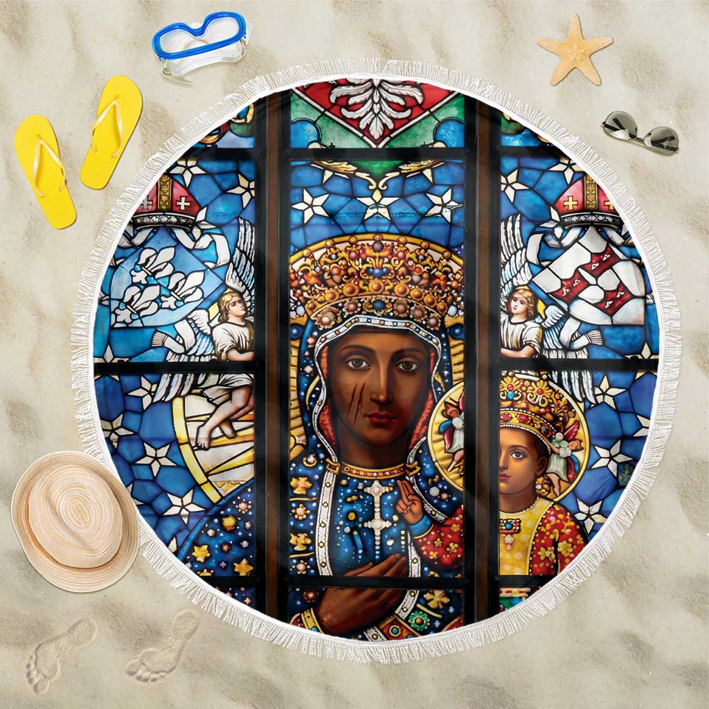Polish Black Madonna of Czestochowa Beach Blanket Our Lady of Poland Stained Glass