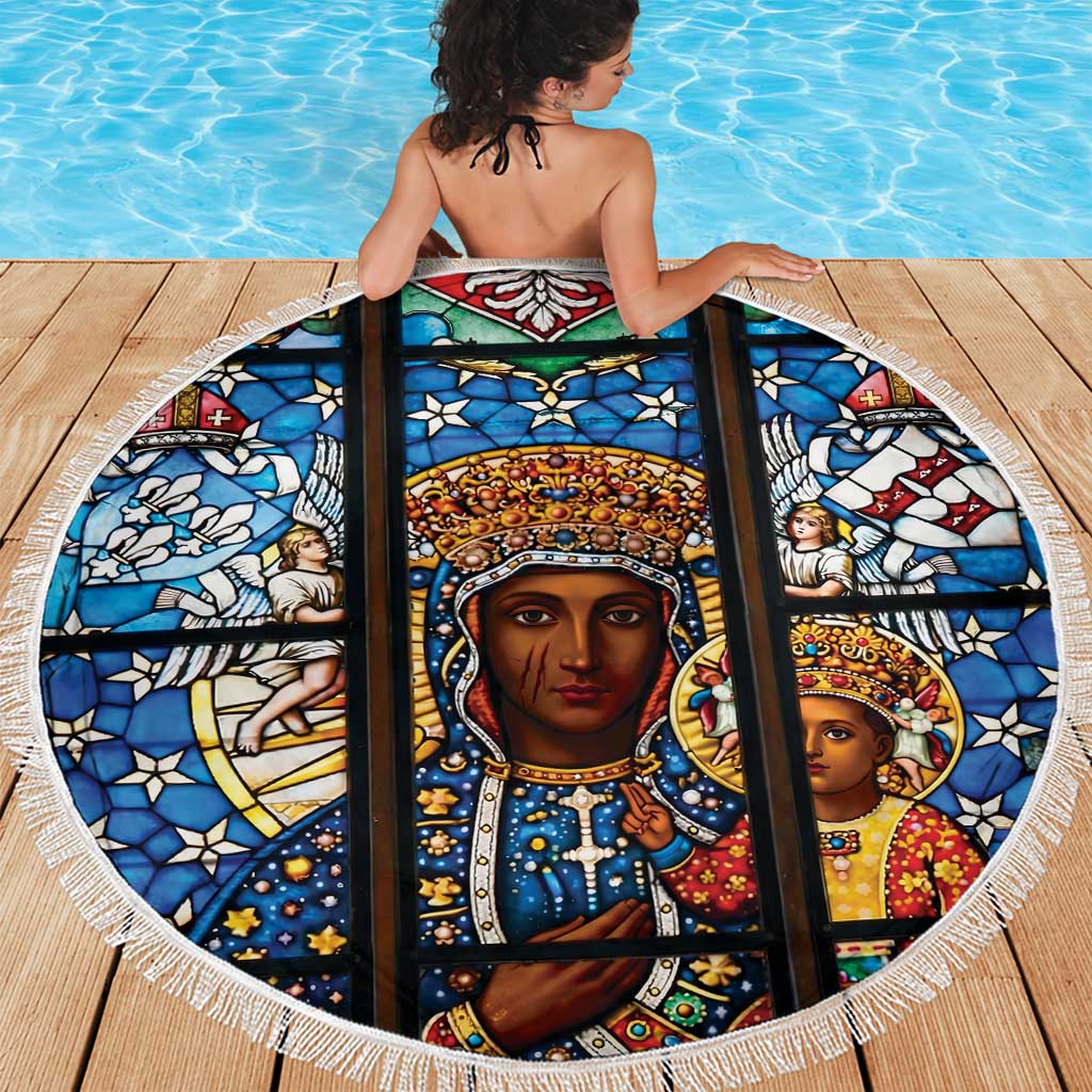 Polish Black Madonna of Czestochowa Beach Blanket Our Lady of Poland Stained Glass