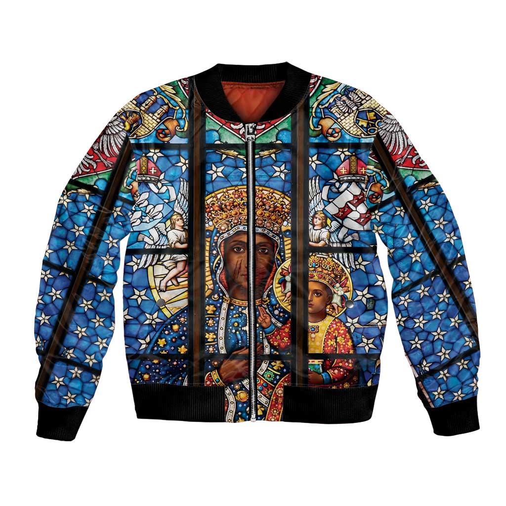 Polish Black Madonna of Czestochowa Bomber Jacket Our Lady of Poland Stained Glass