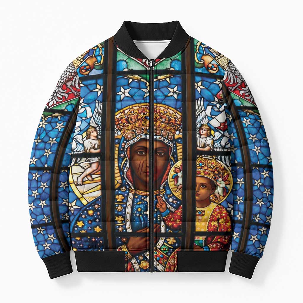 Polish Black Madonna of Czestochowa Bomber Puffer Jacket Our Lady of Poland Stained Glass