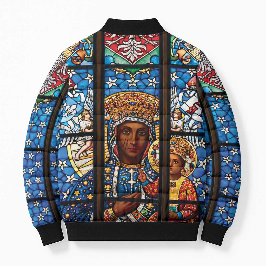 Polish Black Madonna of Czestochowa Bomber Puffer Jacket Our Lady of Poland Stained Glass