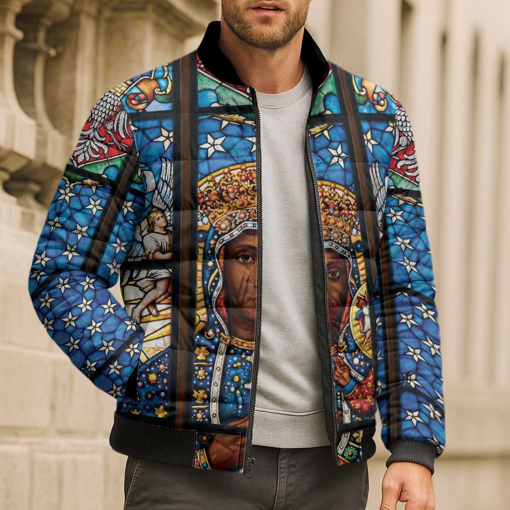 Polish Black Madonna of Czestochowa Bomber Puffer Jacket Our Lady of Poland Stained Glass