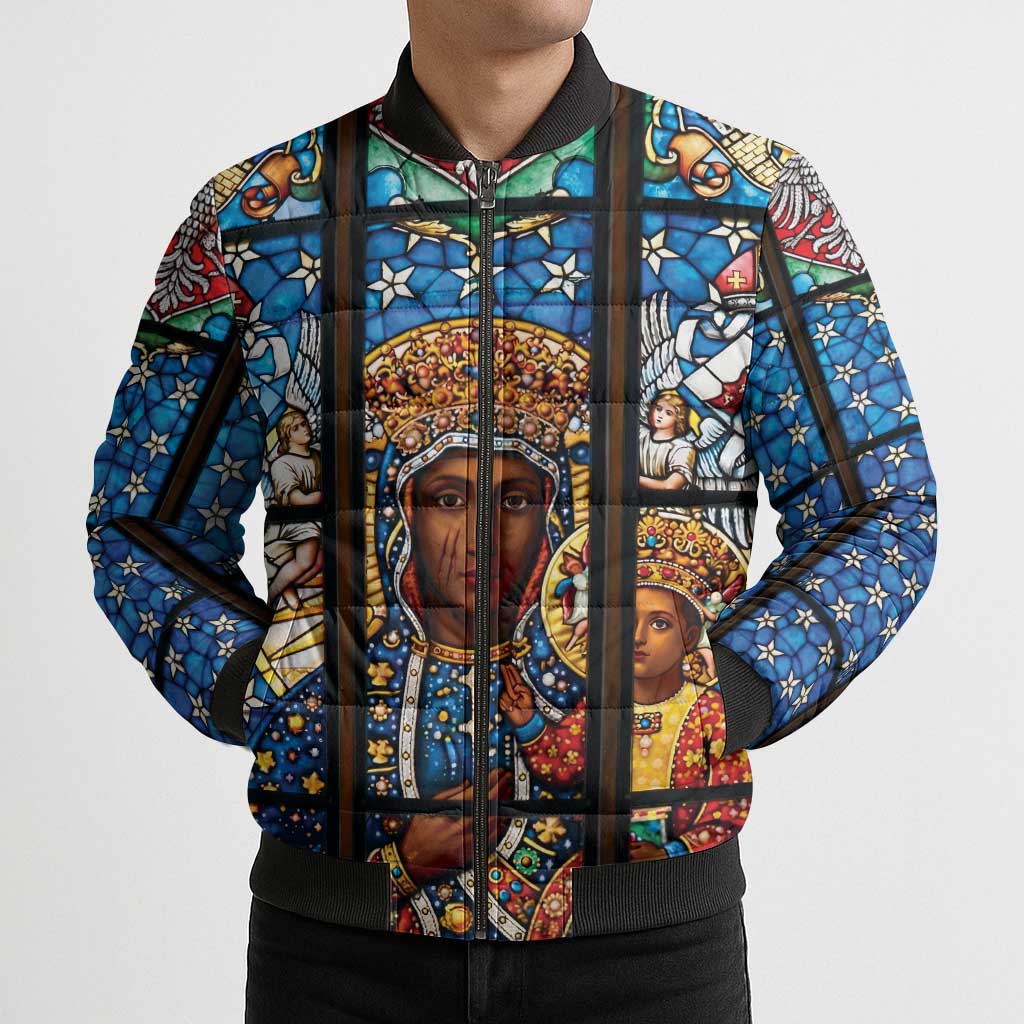 Polish Black Madonna of Czestochowa Bomber Puffer Jacket Our Lady of Poland Stained Glass
