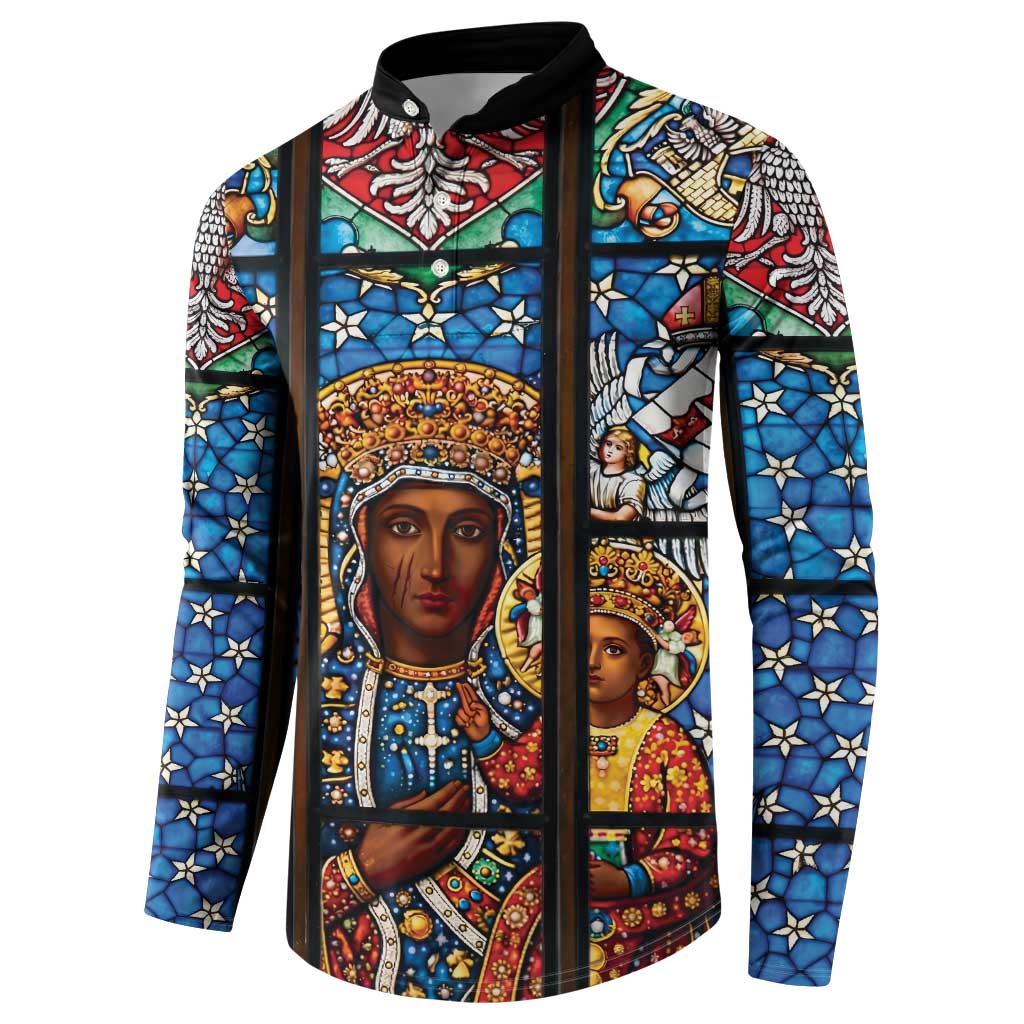 Polish Black Madonna of Czestochowa Button Sweatshirt Our Lady of Poland Stained Glass